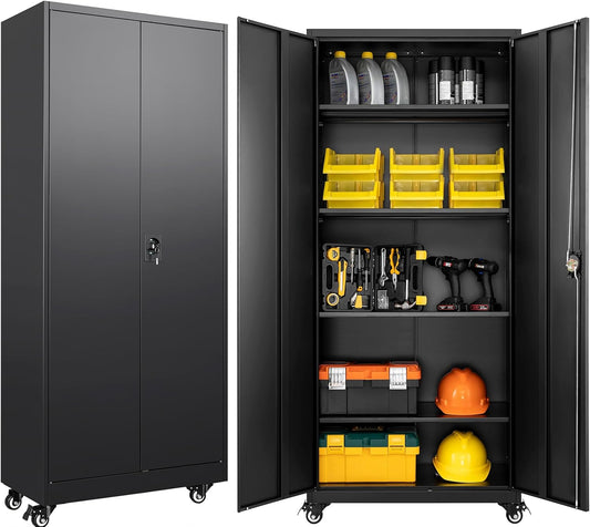 SISESOL Metal Storage Cabinet with Wheels,75 inch Tall Rolling Garage Storage Cabinet with Lock,Black Metal Cabinets with Wheels and Shelves,Deep Heavy Duty Tool Locker for Garage,Home,Office,Shop