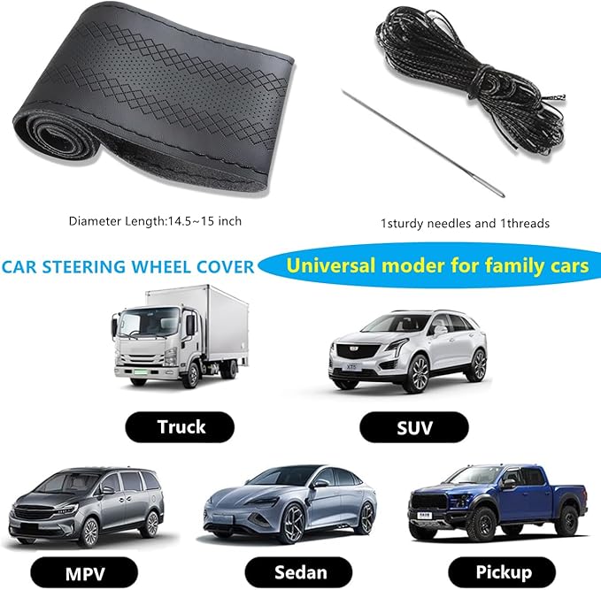 Black Leather Steering Wheel Cover, Stitch On Wrap, Breathable Cowhide Car Steering Wheel Cover, Standard Size 15 Inch (Type C)