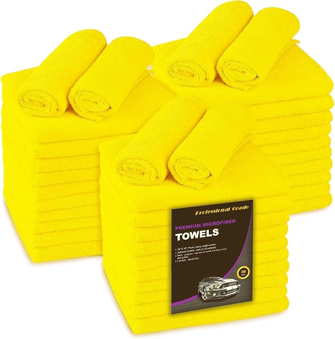 Blue Horizon Microfiber Cleaning Towels, 36-Pack, Ultra Soft Plush Washcloth, Professional Grade Premium Microfiber Detailing Cleaning Cloths, Car, Household and Commercial (Yellow, 16" x 16")