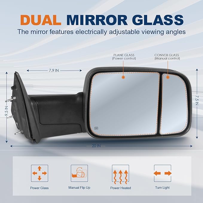 Pair Black Power Heated Towing Mirrors Compatible for 1998-2001 Dodge Ram 1500/1998-2002 Dodge Ram 2500 3500 w/White DRL, Led Turn Light