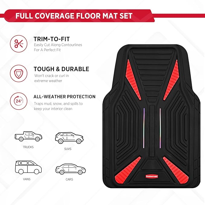 Rubbermaid Car Mat Full Set, Universal Trim-to-Fit Heavy-Duty Car Floor Mats – 4-Piece Set for All Weather Protection – Durable Rubber Mat for Cars, Trucks, SUVs & Vans-Red