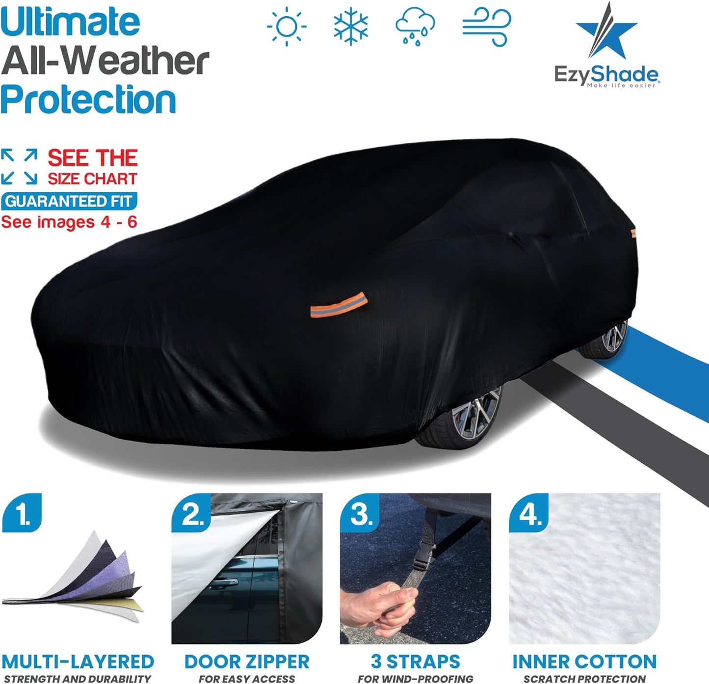 EzyShade 10-Layer Waterproof Sports Car Cover. See Vehicle Size-Chart for Accurate Fit. All Weather Full Outdoor Covers. Porsche Z4 370Z BRZ 86 TT Sun Snow Wind Rain. Black, Size C2 (See SizeChart)