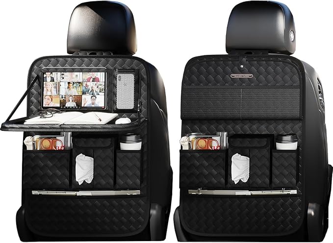Car Seat Organizers,Multi-functional Back Seat Protectors, Storage Pouches, and Tray Holders (for Cars, Kids, Seat Back and Rear Seats) (Woven Black, 2 Pcs)