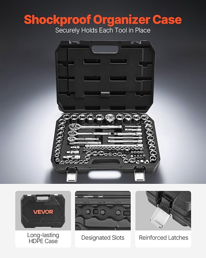VEVOR Socket Set, 86 Pieces, 3/8 & 1/4 & 1/2 inch Drive Socket and Ratchet Set, SAE and Metric, Mechanic Tool Kit with Ratchet Wrench, Accessories and Storage Case, CR-V Alloy Steel, for Auto Repair