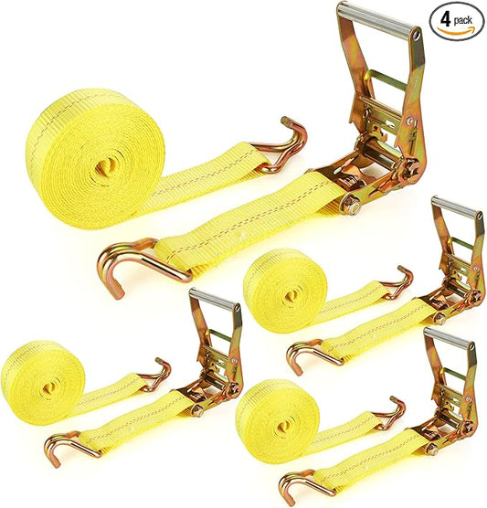 4 Pack 2 Inch Ratchet Straps Heavy Duty 16ft Tie Down Straps Ratchet with Double J Hook, 10000 LBS Break Strength, Cargo Ratchet Straps for Moving, Truck, Trailers, Motorcycles, Kayaks, Car Roof