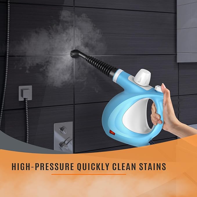 Pressurized Handheld Multi-Surface Natural Steam Cleaner with 12 pcs Accessories, Multi-Purpose Steamer for Home Use, Steamer for Cleaning Floor, Upholstery, Grout and Car (Blue)