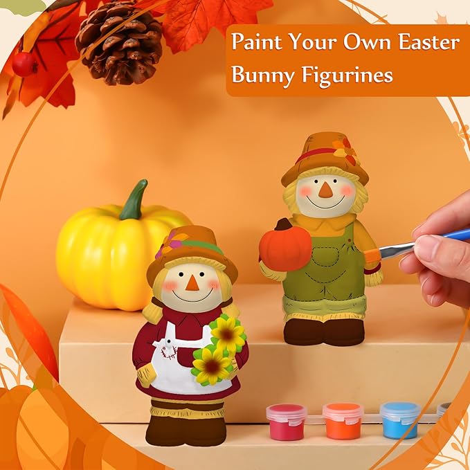 Seenelling 2 Pack Fall Thanksgiving Scarecrow Ready to Paint Your Own Statues 4'' DIY Unpainted Ceramics Figurines Kit Blank Paintable Ceramics Classroom Art and Crafts Decorations