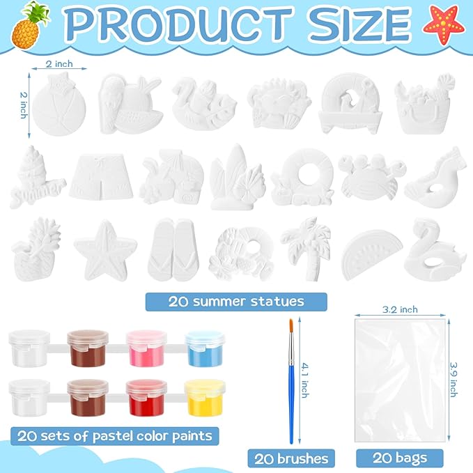 JellyArch 20 Set Summer Beach DIY Painting Ceramic Kit Paint Your Own Beach Ball Flamingo Slipper Statues Unpainted Plaster Figurines Brushes Acrylic Paints Bags Party Favor