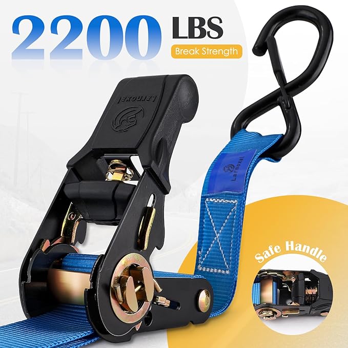 Ratchet Straps 4 Pack - 2,200 Lbs Break Strength 1 in x 15 Ft Medium Duty Ratchet Tie Down Straps with S Hooks Set for Truck, Cargo Van, Trailer, Motorcycle (Blue)