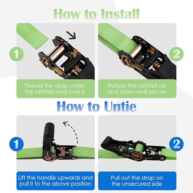 Ratchet Straps 4 Pack - 2,200 Lbs Break Strength 1 in x 15 Ft Medium Duty Ratchet Tie Down Straps with S Hooks Set for Truck, Cargo Van, Trailer, Motorcycle (Green)