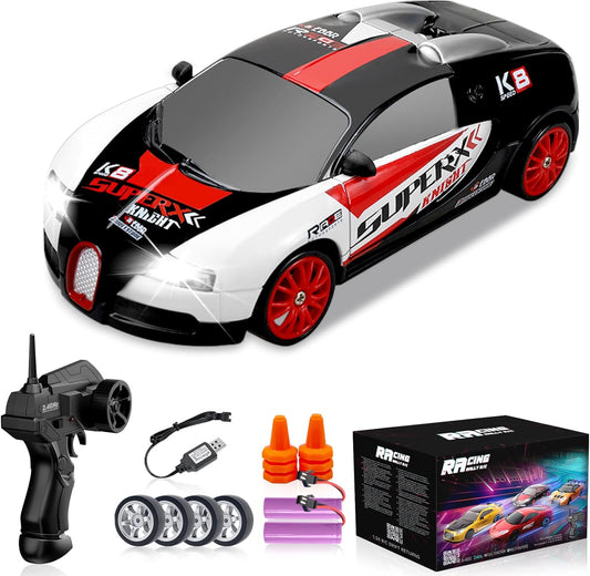 RC Drift Car 2.4GHz 1:24 Remote Control Cars 4WD 15KM/H High Speed Drifting RC Cars with Cool Lights, Two Batteries and Extra Tires Toys Car for Kids Boys Girls Adults, Black
