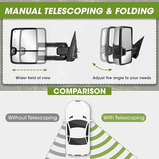 Towing Mirrors for Chevy Silverado/GMC Sierra 1500 (2014-2018), 2500HD/3500HD (2015-2019) Switchback Dynamic Turn Signal/Running Lights Power Heated (Chrome)