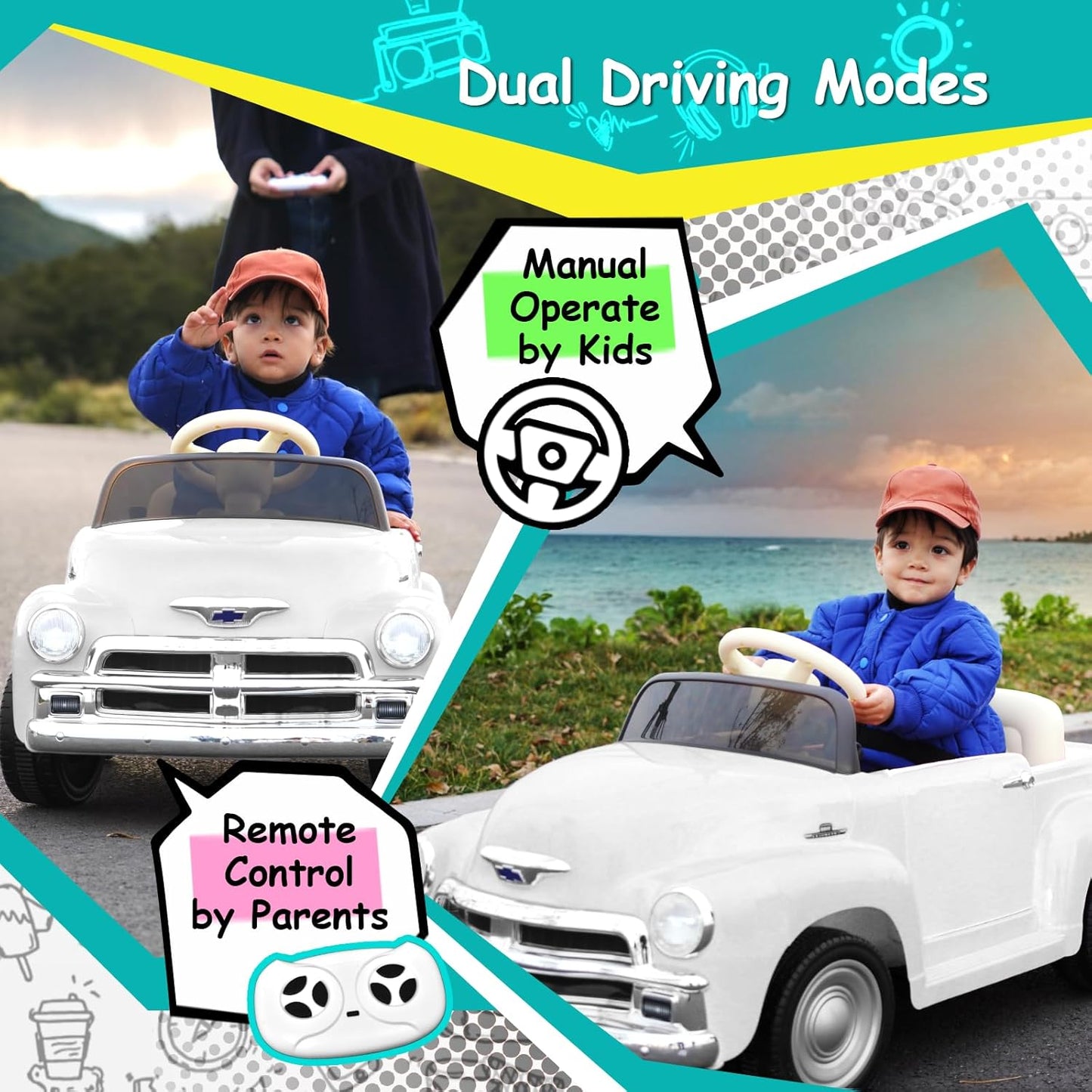Joywhale 12V Kids Ride on Car Licensed Chevrolet 3100 Pickup Battery Powered Motorized Electric Car, with 7AH Big Battery, 2.4G Remote Control, 3-Speeds, Storage Space, Music, Retro Style, White