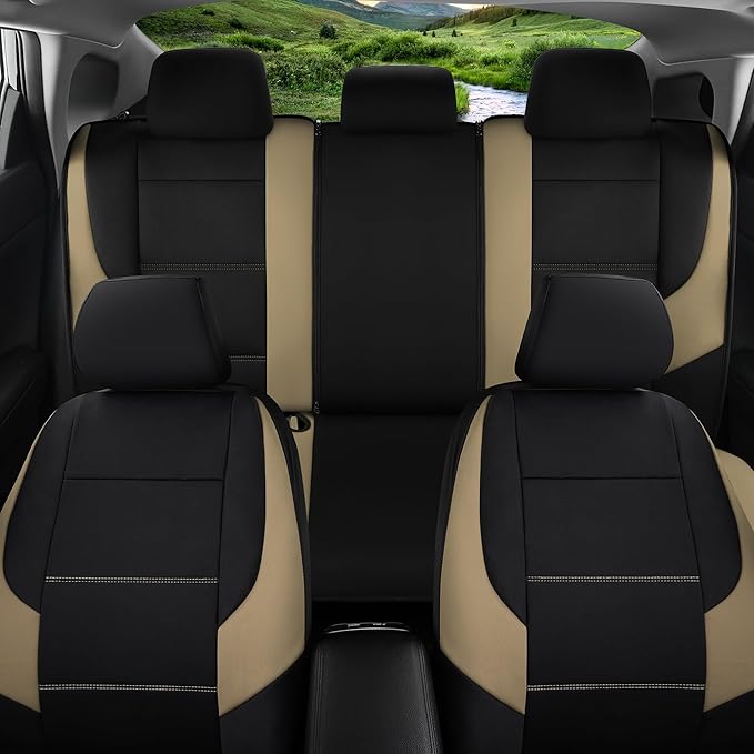 GIANT PANDA Neoprene Full Set Car Seat Covers, Leak-Proof & Waterproof Front&Rear/Back Car Seat Protector Fit 95% Cars Sedans SUV（Beige+Black）