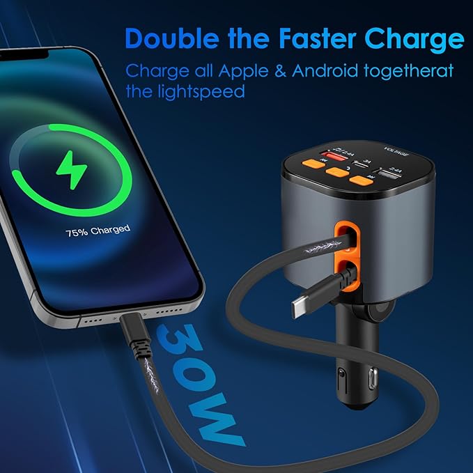 Retractable Car Charger,5 in 1 Fast Cars Phone Charger 90W,Bluetooth 5.3 FM Transmitter Adapter,Handsfree Call,2 Retractable Cables and USB Chargers for iPhone17/16 15/14/13