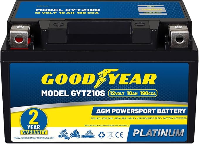 Goodyear GYTZ10S - 12 Volt 10 AH, 190 CCA, Rechargeable High-Performance, Maintenance Free, SLA - AGM Battery for Motorcycle, ATV, UTV, Scooter, Snowmobile, Motorbike and more!