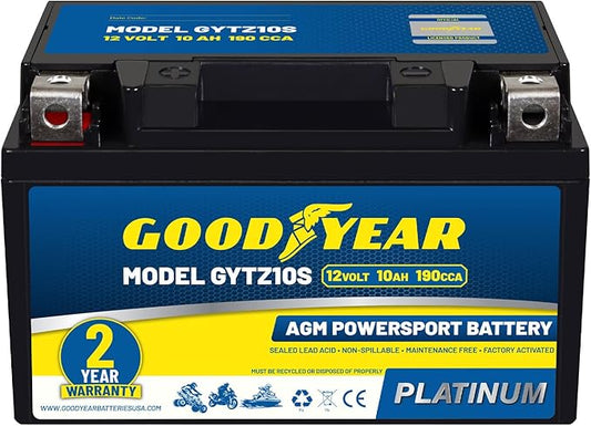 Goodyear GYTZ10S - 12 Volt 10 AH, 190 CCA, Rechargeable High-Performance, Maintenance Free, SLA - AGM Battery for Motorcycle, ATV, UTV, Scooter, Snowmobile, Motorbike and more!