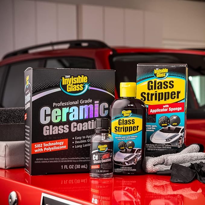 Invisible Glass 99017 Pro Glass Care Kit – Clean with Premium Glass Cleaner, Strip Water Spots with Glass Stripper, Protect with Ceramic Coating – Includes (2) Microfiber Cloths