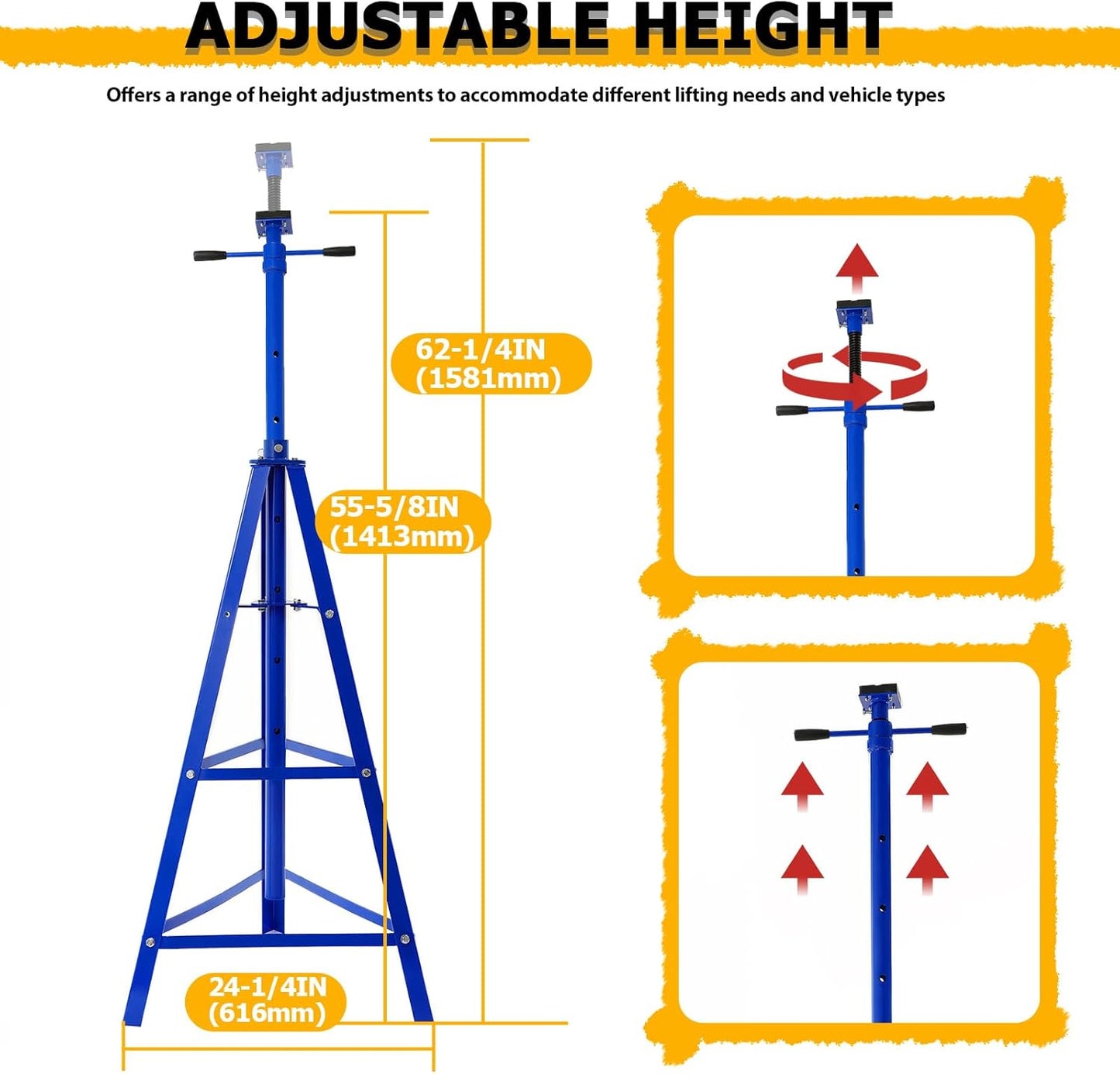 KUAFU Adjustable Under Hoist Tripod Stand, 4500 LBS Load Capacity, 2 Ton High Lift Jack Stand Reach Under Hoist Stand for Repair Shops, Garages and DIY, 55.63"-62.25" Steel Powder Coated Blue