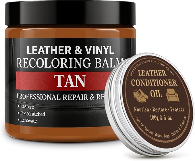 Leather Color Restorer, Leather Recoloring Balm, Scratch Remover, Leather Dye, Leather Paint with Leather Conditioner, Leather Repair Kit for Furniture Couches Car Seats Shoes, Tan