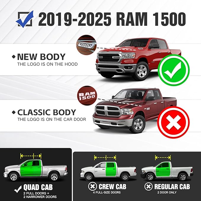 Double Cab Three Raised Steps Quad Cab Running Boards Compatible with 2019-2025 Dodge Ram 1500 New Body Double/Extended Cab Side Steps, Bolt-on Nerf Bar, Heavy-Duty Steel Two Stairs Design