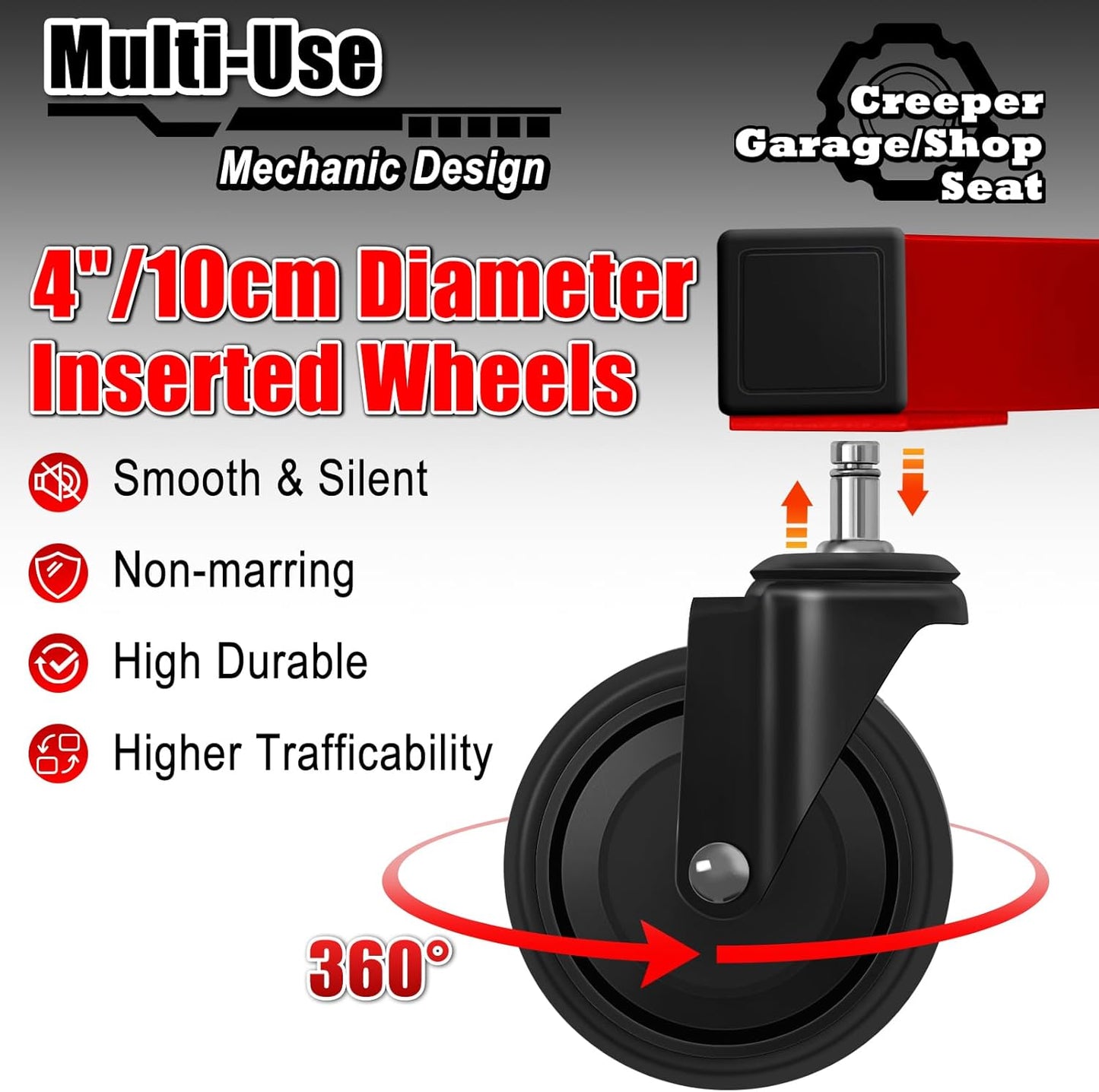 Mechanic Stool with Wheels, Hydraulic Adjustable Shop Stool on Wheels, Garage Work Rolling Chair for Workshop, 400 LBS Capacity, 4 Inch Casters, 360° Swivel Casters Roller Chair, Red