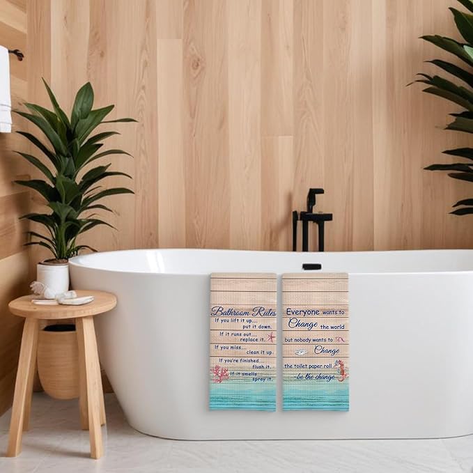 Funny Bathroom Rules Decorative Hand Towels Set of 2, Rustic Farmhouse Hand Towels for Bathroom Decor, 16x24 Inch(Beach Style)