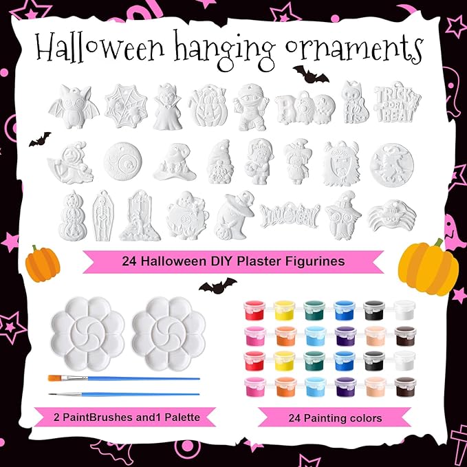Seenelling 24 Sets Halloween DIY Painting Kits Paint Your Own Ceramics Pumpkin Ghost Unpainted Plaster Statues Arts and Crafts with Brush, Lanyard for Kids Halloween Gifts Party Decor(Kawaii)