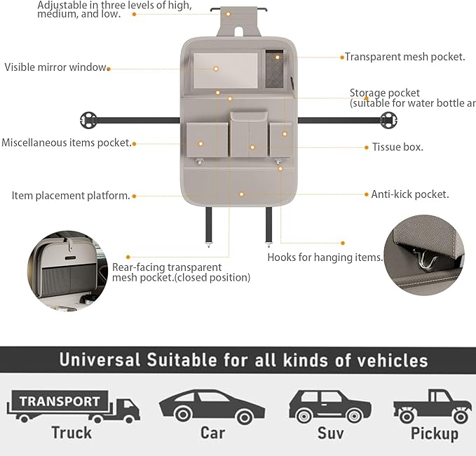 Car Seat Organizers,Multi-functional Back Seat Protectors, Storage Pouches, and Tray Holders (for Cars, Kids, Seat Back and Rear Seats) (Plain Gray, 1 Pcs)