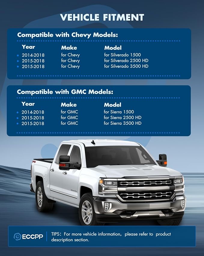 ECCPP Tow Mirrors Towing Mirrors fit for 2014-2018 for Chevy for GMC 1500 2015-2019 for Chevy for GMC 2500 HD 3500 HD with Left Right Side Power Adjusted Heated Turn Signal Light with Black Housing