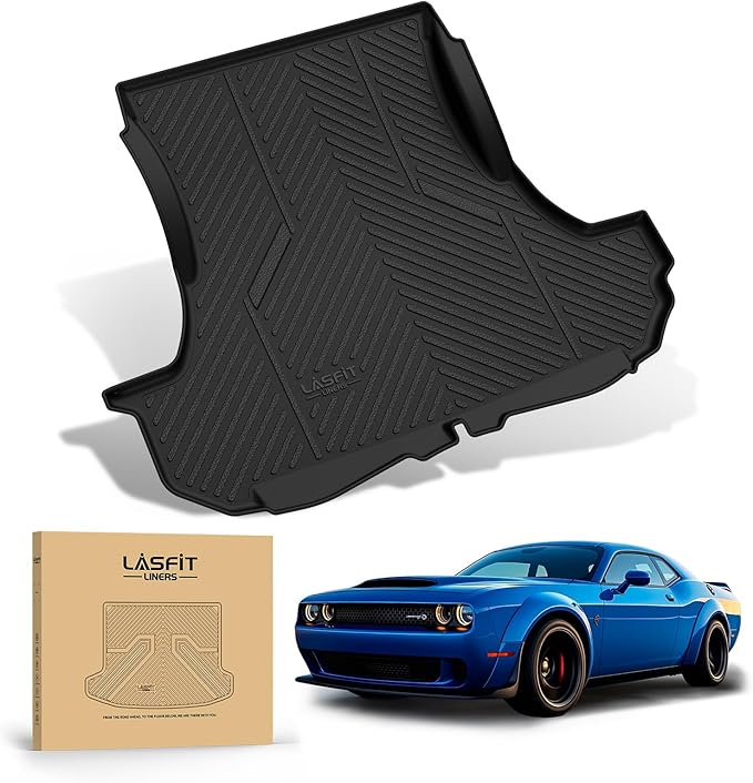 LASFIT Cargo Mats for Dodge Challenger 2011 2012 2013 2014 2015 2016 2017 2018 2019 2020 2021 2022 2023, All Weather TPE Custom Fit Trunk Mats Cargo Liners, Black
