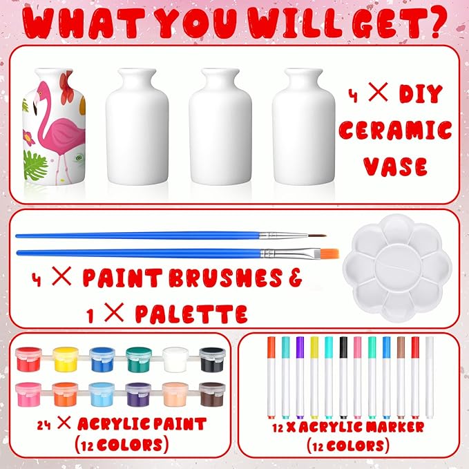 4 Set Paint Your Own Porcelain Paint Vase Art Project White Ceramic Painting Kit for Adults Porcelain Vase Decorating Kit with Christmas Holiday Supplies DIY(Classic)