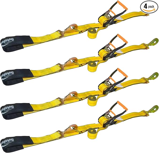 Heavy Duty Adjustable Car Tie Down Kit with Snap Hooks -Break Strength 10,000 lbs-Working Load 3333 lbs-2 Inch x 114 Inch - 4 Pack Axle Tie Down Straps (Yellow)