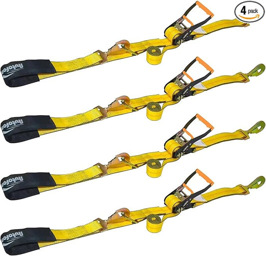 Heavy Duty Adjustable Car Tie Down Kit with Snap Hooks -Break Strength 10,000 lbs-Working Load 3333 lbs-2 Inch x 114 Inch - 4 Pack Axle Tie Down Straps (Yellow)