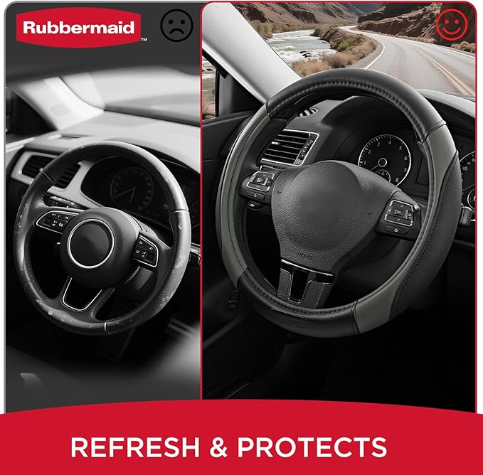 Rubbermaid Steering Wheel Cover – Universal Fit 14.5"–15" Steering Wheel Cover, Anti-Slip Grip, Breathable Leather, All-Season Protection, Interior Upgrade for Cars, Trucks, SUVs - Gray
