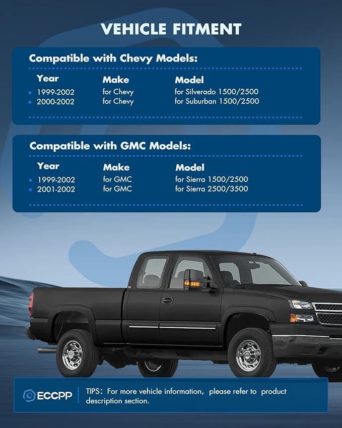 ECCPP Towing Mirrors Tow Mirrors With 1999-2002 For Chevy Silverado For GMC Sierra 1500/2500/3500 Power Adjusted Heated Led Turn Signal Width Light Black Pickup