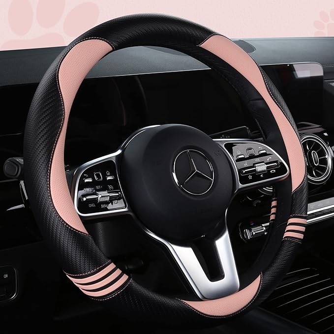 Car Steering Wheel Covers for Women Girl Padded Carbon Fiber PU Leather Cute Cartoon Auto Interior Accessories for Jeep, Truck, Universal, Anti Slip, Pink, Large Size 15.5-16"(39-41cm)