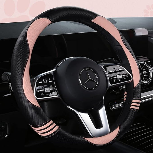 Car Steering Wheel Covers for Women Girl Padded Carbon Fiber PU Leather Cute Cartoon Auto Interior Accessories for Jeep, Truck, Universal, Anti Slip, Pink, Large Size 15.5-16"(39-41cm)