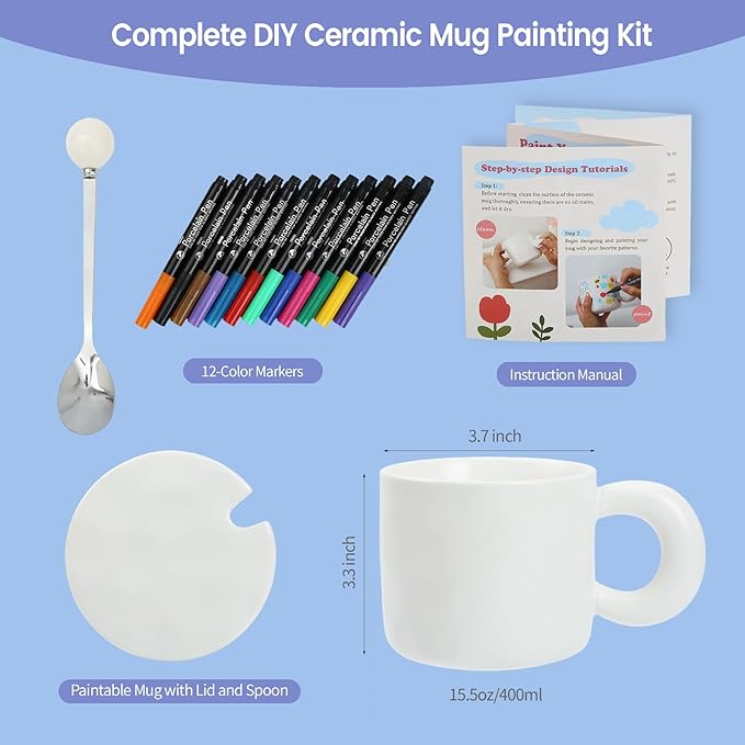 Paint Your Own Ceramic Mug Kit - DIY Ceramic Painting Kit for Adults Kids, Paintable Ceramic Mug Decorating Set, Custom Mugs Design Your Own, Ceramic Painting Kit Includes Mug, Paints, Manual