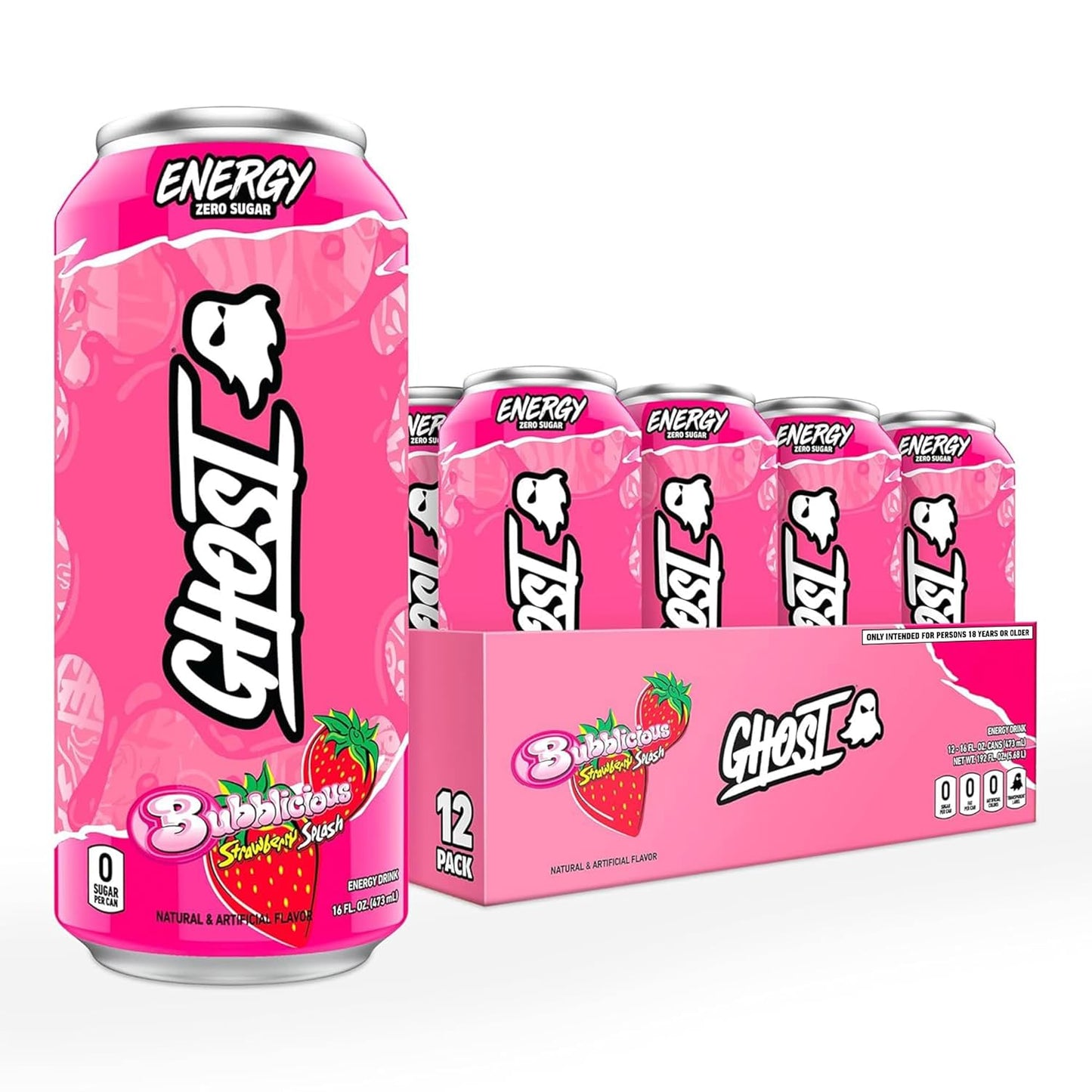 GHOST Energy Drink - 12-Pack, Bubblicious Strawberry Splash, 16oz Cans - Energy & Focus, No Artificial Colors - 200mg of Natural Caffeine, L-Carnitine & Taurine - Gluten-Free & Vegan