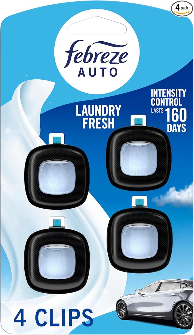 Febreze Car Air Freshener Vent Clip Laundry Fresh Scent, .07 oz. Car Vent Clip, Pack of 4