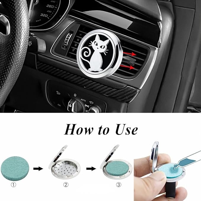 30mm Car Essential Oil Diffuser Vent Clip Christmas Car Accessories for Women Locket with Vent Clips 10 Felt Pads(Cat Black)