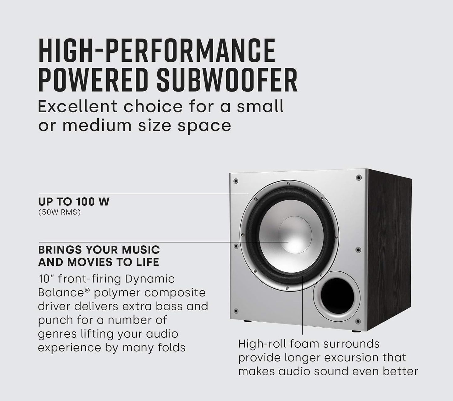 Polk Audio PSW10 10" Powered Subwoofer – Power Port Technology, Up to 100 Watts, Big Bass in Compact Design, Easy Setup with Home Theater Systems, Timbre-Matched with Monitor & T-Series Polk Speakers