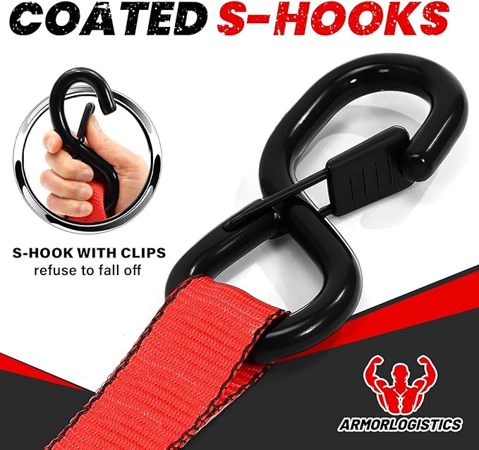 Ratchet Straps Heavy Duty (4 Pack) - 5,250 Break Strength Motorcycle Strap Tie Downs with 15ft Soft Loops -1.5in x 8ft Ratchet Tie Down Straps for Motorcycles, Truck, Cargo -Safety S Hook, Storage Bag