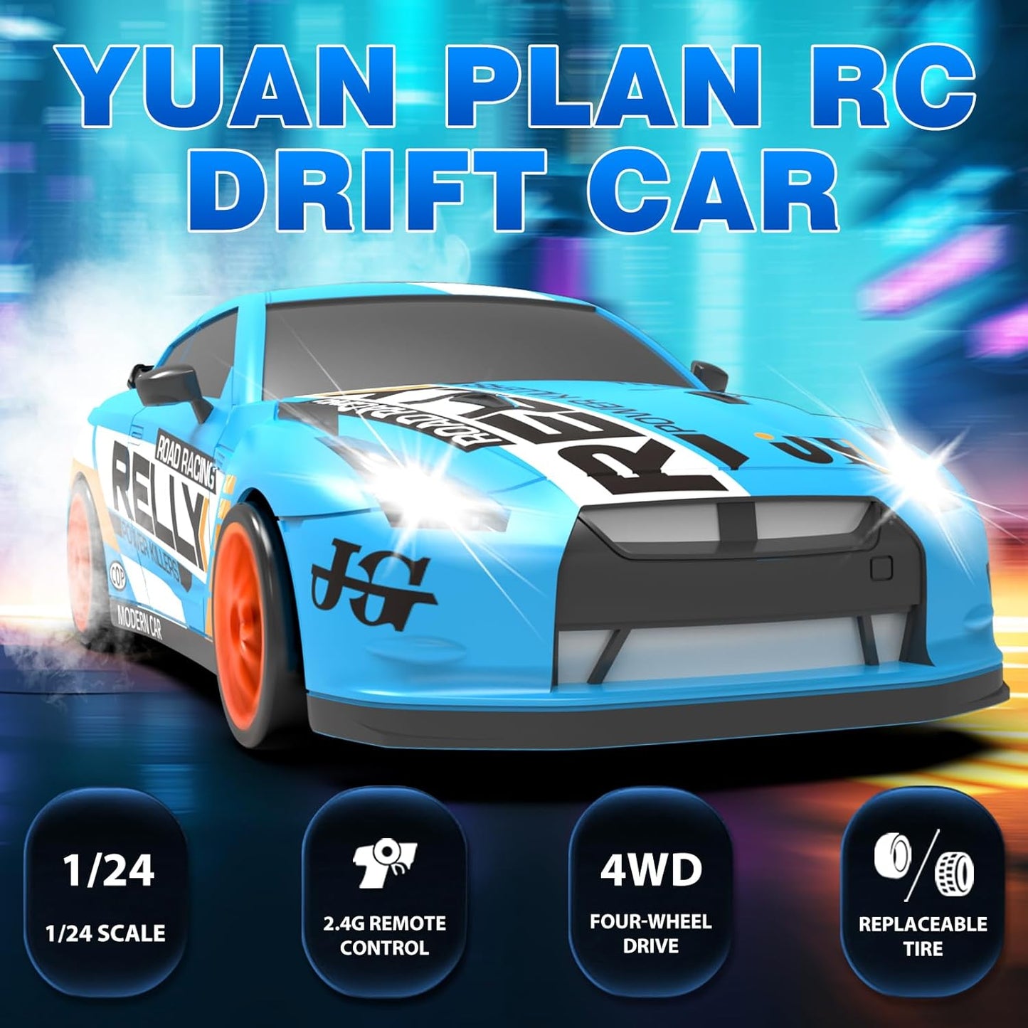 RC Drift Car 2.4GHz 1:24 Scale 4WD Remote Control Car 15KM/H High Speed Drifting RC Cars with Cool Lights, Two Batteries and Extra Tires Toys for Kids Boys Girls Adults, Blue