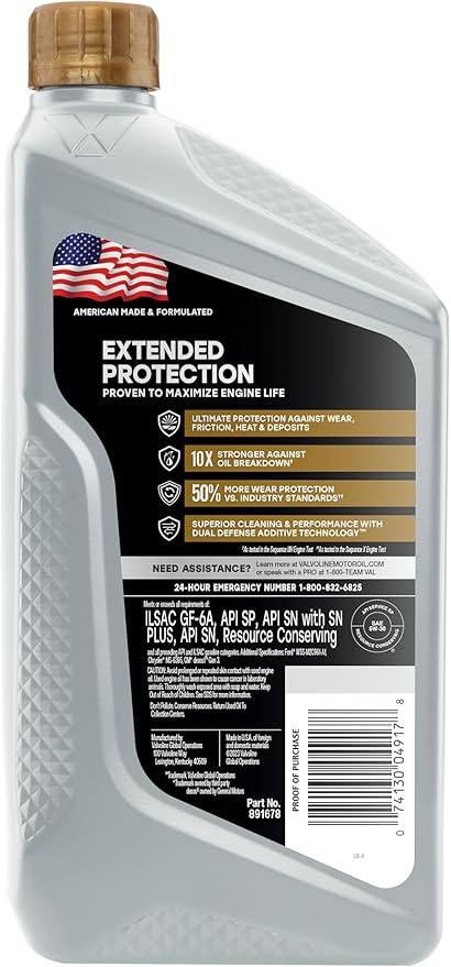 Valvoline Extended Protection Full Synthetic Motor Oil SAE 5W-30 1 QT, Case of 6
