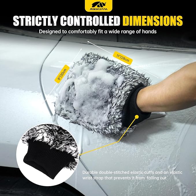 MIKKUPPA Microfiber Car Wash Mitt - Double-Sided Ultra Absorbent Scratch Free Premium Blend Glove for Car Washing Home Cleaning (Black, 2Pack, 11'' x 8'')