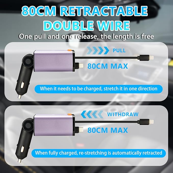 Retractable Car Charger,5 in 1 Fast Cars Phone Charger 60w,Bluetooth 5.3 FM Transmitter Adapter,Handsfree Call,MP3 Player,2 Retractable Cables and USB Chargers, for Phone,Galaxy,Pixel (Purple)