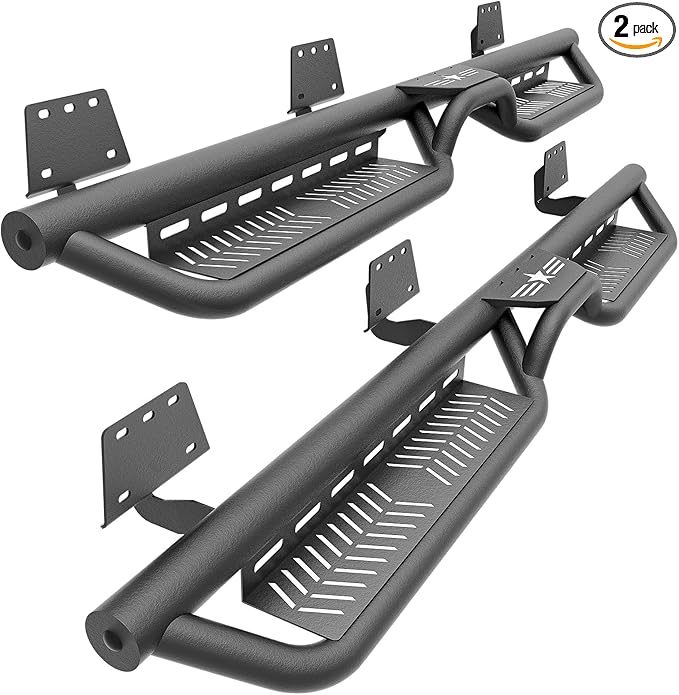 Quad Cab Running Board Side Steps Compatible with 2019-2025 Dodge Ram 1500 New Body Double/Extended Cab, Bolt-on Nerf Bar, Heavy-Duty Steel Two Stairs Design (Black, Star Logo)