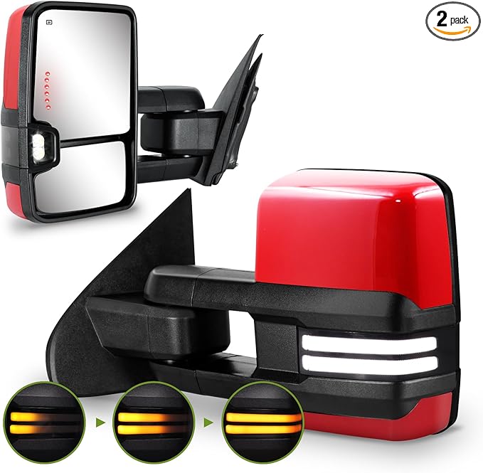 Towing Mirrors for Chevy Silverado/GMC Sierra 1500 (2014-2018), 2500HD/3500HD (2015-2019) Switchback Dynamic Turn Signal/Running Lights Power Heated (Painted Red)